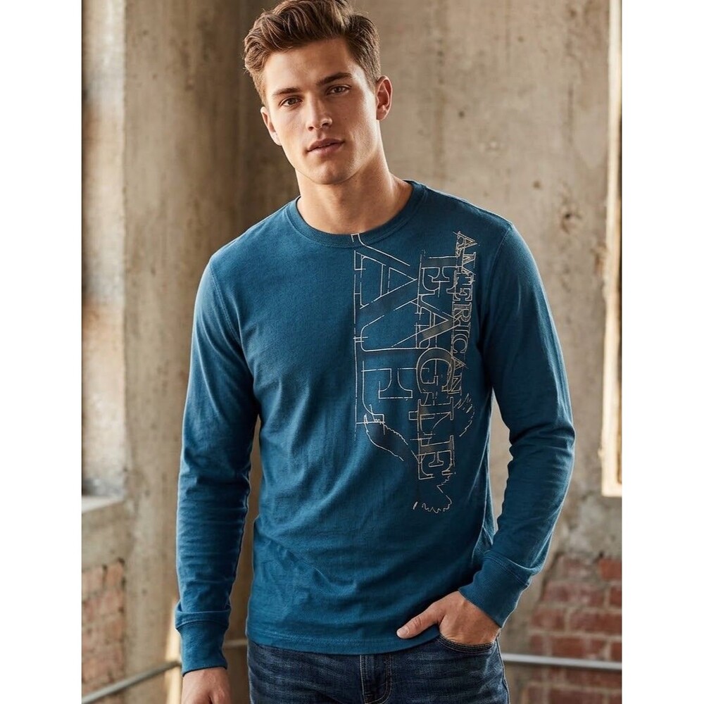 Vintage Y2K American Eagle Men's Long Sleeve Side Graphic T-Shirt Slate Blue L